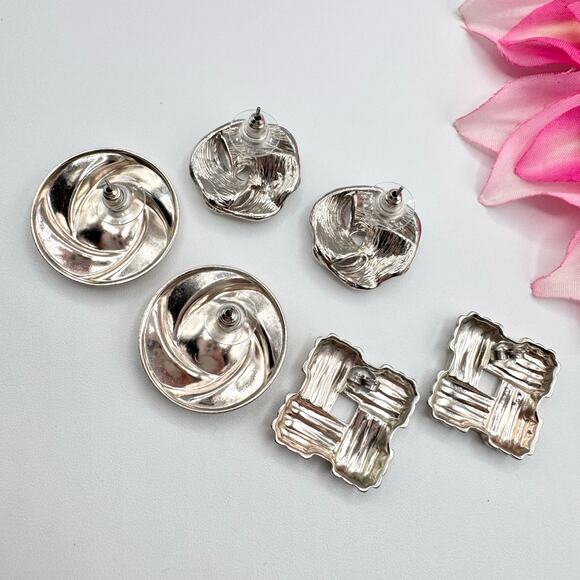 Vintage Earring Lot 3 Pair 90s Silver Tone Knot Basketweave Swirl Stud Chic - Picture 5 of 10